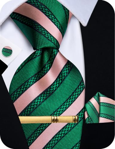 YourTies Seidenkrawatten für Herren, kariert, Paisleymuster, Blumenmuster, Einstecktuch, Manschettenknöpfe, Krawattenklammer, Set, Hochzeit, Party, Business, formell, Grün / Rosa gestreift
