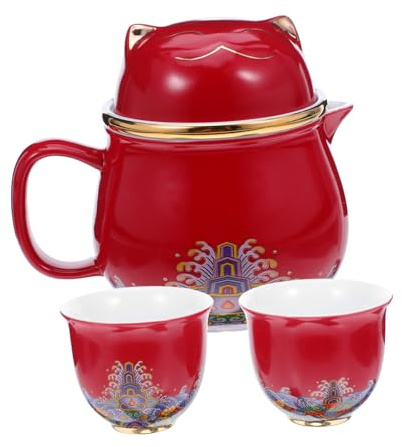 IMIKEYA Service à Thé De Voyage Céramique Chat Forme Théière Et Tasses Porcelaine avec Étui De Transport pour Amateurs De Thé Pique-niques Et Voyages