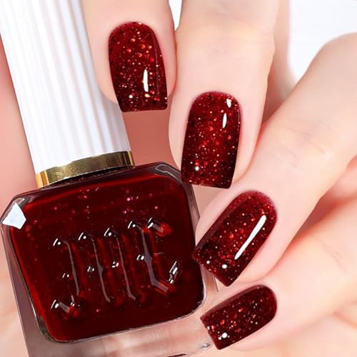 DMQ Wine Red Glitter Nail Polish, Christmas Burgundy Shimmer Sparkling Nail Varnish, Long Lasting & Quick Drying Dark Red Holographic Nail Lacquer Gel for DIY Nail Art Manicure Home - No Need Cure