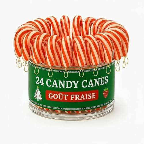 Pack de 24 Mini Bâtons de Sucre d'Orge Candy Canes Goût Fraise avec Attaches Dorées - Décorations Comestibles pour Sapin de Noël - Bonbons de Noël Traditionnels. A SUSPENDRE et DÉGUSTER