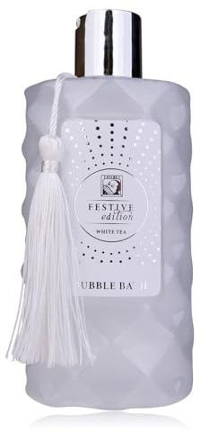 Accentra Schiuma da bagno FESTIVE EDITION Schiuma per doccia, gel doccia in bottiglia con nappa decorativa bianca, 330 ml, profumo: tè bianco, regalo per donne, Natale