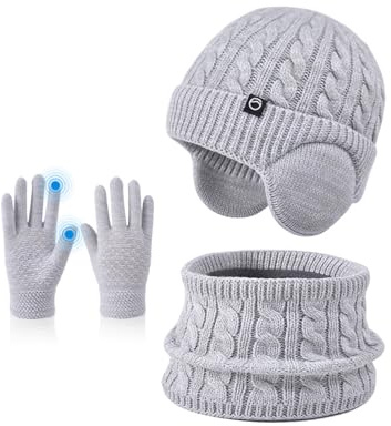 Kids Hat Scarf Gloves Set Winter 3 Piece Knitted Warm Beanie with Ear Protection, Neck Warmer and Touchscreen Gloves for Boys and Girls (Grey)