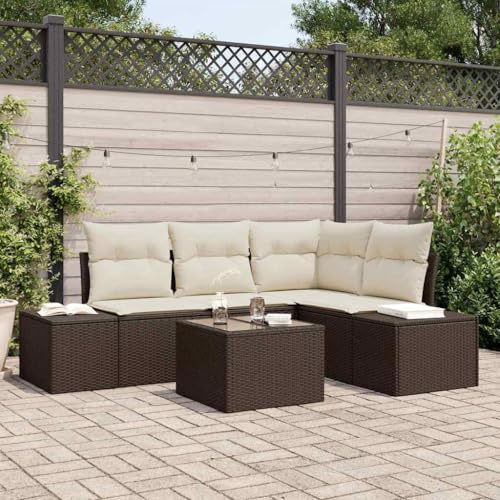 QJBSAVVA Gartensofa 4-Sitzer Lounge Set Braun Creme Polyrattan Pulverbeschichteter Stahl Modulare Outdoor Couch mit Stauraum und Kissen für Garten Terrasse Balkon