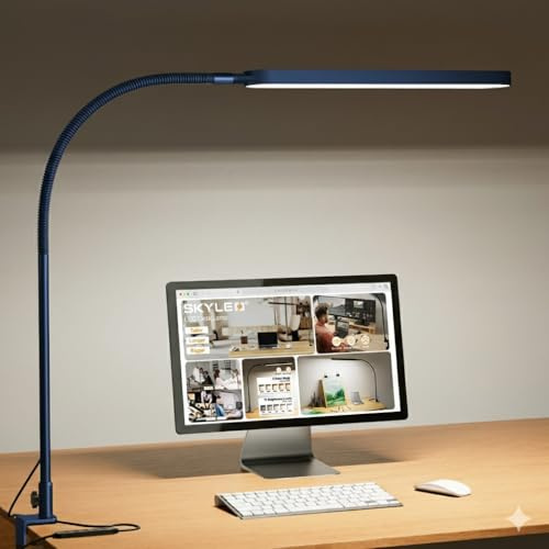 SKYLEO Schreibtischlampe LED – Schreibtisch Lampe Flexibler Schwanenhals – 5 Farbmodi x 11 Helligkeitsstufen – 1300LM – Timmer und Speicherfunktion – 12W Desk Lamp – Blau