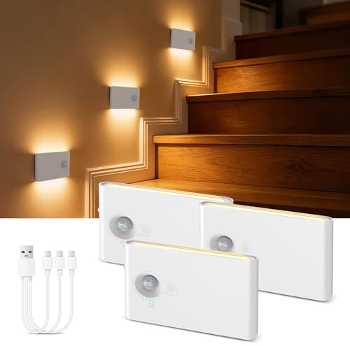 LOFICOPER Indoor Motion Sensor Light (3-Pack) Rechargeable Adhesive Night Light, Three Modes, Detachable Wireless Sensor Light, Suitable for Wardrobes, Kitchens, Bathrooms, Bedrooms, Hallways
