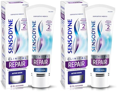 Sensodyne Clinical Repair Active White, Dentifricio per Denti Sensibili, inizia a riparare i Denti Sensibili in 2 minuti*, Effetto Sbiancante, 75ml (Confezione da 2)