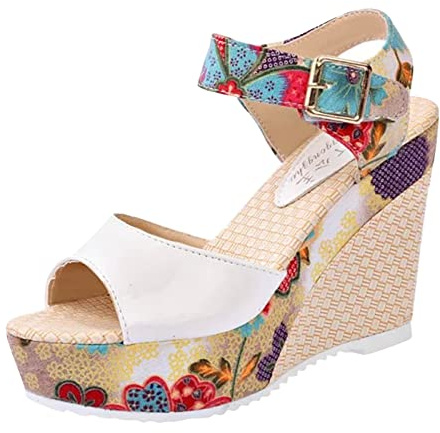 Uwdiohq Sandalias Estilo Tacones Encaje Estampado Nacional Alta Mujer Cuña Pescado Pendiente Sin Posición De Negras (White, 37) Zapatos Planos Verano Goma Flat Black Shoes Women Rehabilitación