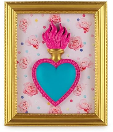 Henriette Quadro Decorativo con Cuore Sacro Fiammeggiante, Cornice Dorata, Rosa e Turchese, Stile Messicano 22x18