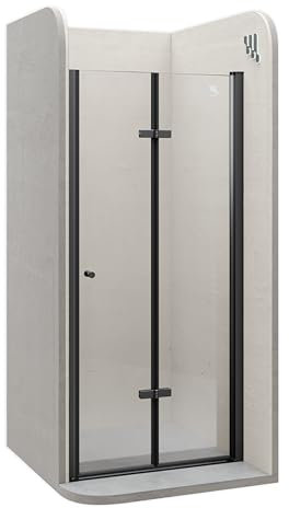 Moments of Glass Mampara de ducha puerta plegable rango de ajuste de 76-80 cm altura: 195 cm de cristal transparente templado de seguridad de 6 mm perfiles de aluminio negro - DK822