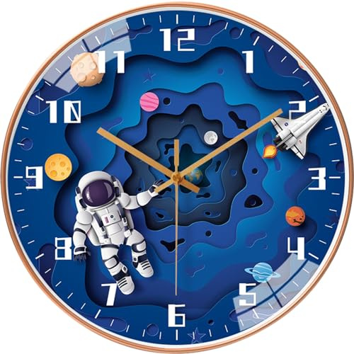 YHan 12 Inch Silent Wall Clock for Kids – Non-Ticking Space-Themed Clock with Large Numbers – Battery Operated, Easy to Read, Perfect for Bedroom, School, Boys Room (Blue & Gold)