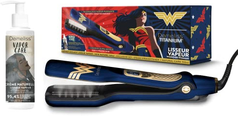 Demeliss - TITANIUM Wonder Woman, Soin Vapor Care + Lisseur Vapeur Titanium + réservoir intégré de 40 ml, peigne latéral amovible - Lissage Extrême et Protection des Cheveux