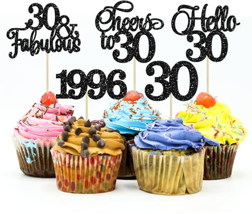 Gyufise 30Pcs 30th Birthday Cupcake Toppers Glitter Hello 30 Cupcake Topper Cheers to 30 1996 Thirty Cupcake Picks for Happy 30th Birthday Anniversary Party Cake Decorations Black