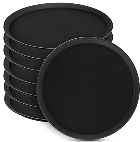 Lallisa 8 Pcs 16'' Large Restaurant Serving Trays with Rubber Lined Plastic Non Slip Tray Non Skid Round Serving Platter Server Tray for Bar Drink, Cafeteria Food, Coffee, Table, Hotel, Party, Black