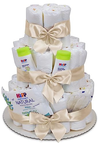 MilaBoo® Torta di pannolini neutra a 3 piani con prodotti premium, regalo speciale per la nascita (3 piani beige)