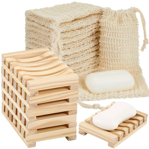 Umigy 40 Pcs Soap Bag and Holder Kit Mesh Sisal Saver Bag Exfoliating Soap Pouch Bamboo Wood Holder Tray Bathroom Bar Holder for Shower Bath Use (Beige,Wood Color)