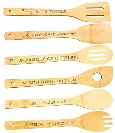 Juego de 6 cucharas de madera divertidas para cocinar, cuchara de café de madera grabada con refranes divertidos, juego de utensilios de cocina de madera, juego de cucharas de madera personalizadas