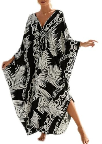 Baynetin Kaftan Vestido Largo de Playa, Bohemian Loungewear Kimono Floral Bohemio Traje de Baño Cover Ups Gran Tamaño (Hoja)