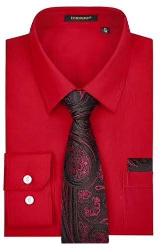 HISDERN Hemd Herren Langarm Burgund Formelle Freizeithemden mit Krawatte Hochzeit Business Hemden mit Brusttasche XL