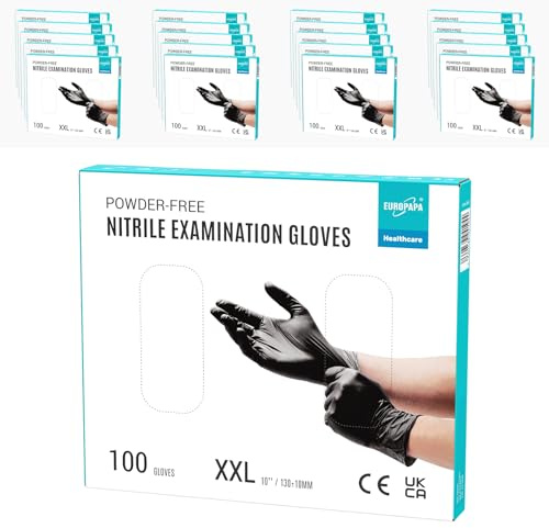 EUROPAPA® 2000 Stück (20x100) Nitrilhandschuhe Box Einweghandschuhe, Einmalhandschuhe, Untersuchungshandschuhe, puderfrei, ohne Latex, unsteril, latexfrei, disposible gloves (XXL, Schwarz)