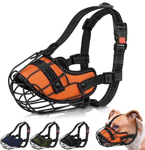 OOPSDOGGY Pitbull Dog Muzzle Reflective Metal Mask Secure Wire Basket Muzzles for Large Sized Dogs Amstaff Soft Cage to Prevent Biting Chewing with Adjustable Straps (Orange, Pitbull)