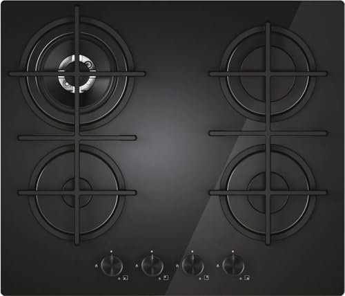 Candy Moderna Piano Cottura a Gas 4 Fuochi, Vetro Temperato, Bruciatore a Doppia Corona, Griglie Lavabili in Lavastoviglie, AxLxP 0,8x59,5x51 cm, Nero - CVG6BR4WTB