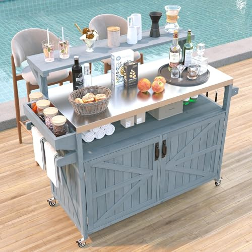 YOPTO 53.3 Outdoor Kitchen Island with Raised Shelf,Solid Wood Grill Cart,Stainless Steel Top,Adjustable Shelf,Spice Rack,Lockable Wheels,Grey Blue