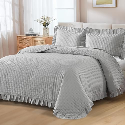 WONGS BEDDING Couvre-lit 220x240 Gris Couverture matelassée 3 pièces Lit Double Couvre-lit matelassé Couverture Polyvalente avec 2 taies d'oreiller 50x75