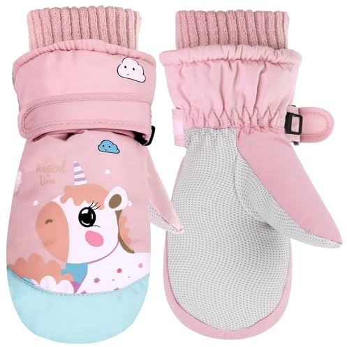 QKURT Guantes de Esquí para Niños 3-8 Años, Manoplas Impermeables de Invierno con Forro de Felpa Cálido, Diseño de Unicornio, para Esquiar, Ciclismo y Otros Deportes de Invierno al Aire Libre