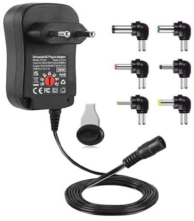 NOVOTECK Adaptador de Corriente Universal 30W, Transformador 240V a 3-12V Ajustable 2,5A, Fuente de Alimentación con 6 Conectores DC y Puerto USB para LED, CCTV, Router