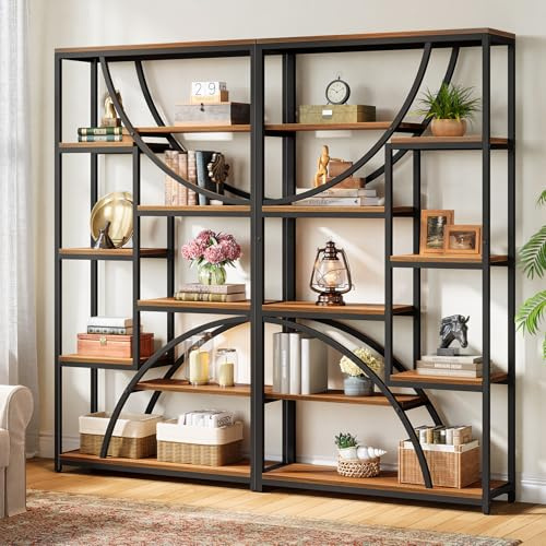 Tribesigns 9-Tier Bookshelf, Industrial Etagere Bookshelf, 100×30×180 cm, Large Geometric Shelving Unit with Open Shelf, Wood & Metal Freestanding Display Shelf for Living Room, Brown and Black(2pcs)