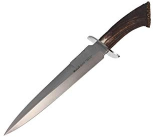 Muela Cuchillo BEAR-24S hoja de acero ACX-380 de 24,5 cm y empuñadura de asta de ciervo para Caza, Pesca, Supervivencia y Bushcraft Realizado en Ciudad Real + Portabotellas de regalo