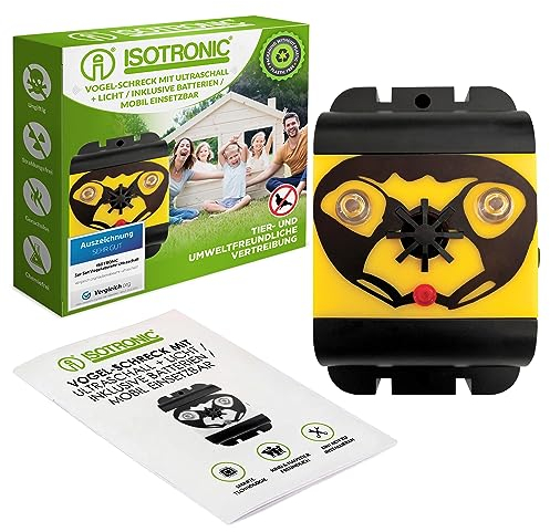 ISOTRONIC Vogelabwehr batteriebetriebene | gegen Tauben, Möwen, Raben & andere Vögel | Vogelschreck mit Ultraschall & Lichtsignalen | für Gärten, Plantagen, Balkone – 40 m² Wirkungsbereich