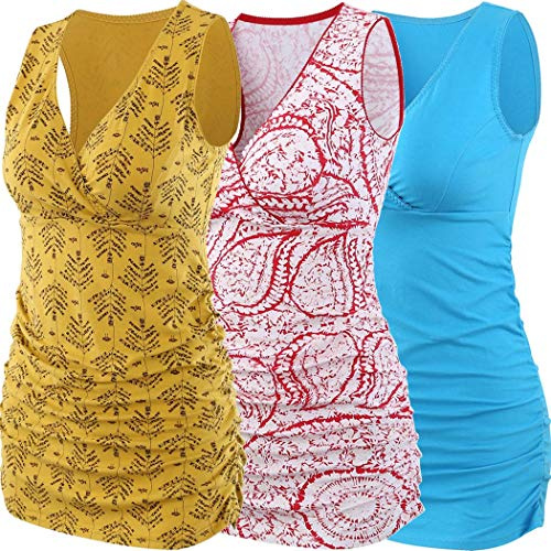 ZUMIY Top maternità e prémaman, Cotone V Neck Donna Increspato Camicia di maternità Vita/Gravidanza T-Shirt (S, Red+Yellow+Lake Blue/3-pk)