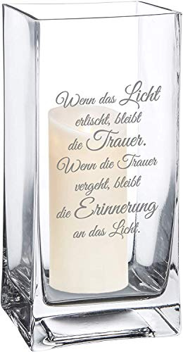 Blumenvase mit Gravur zum Trost, Vase aus Echtglas, Deko Windlicht, Trauergeschenk für Verwandte und Freunde, 20 x 10 x 10 cm | Windlicht, Trauergeschenk für Verwandte und Freunde