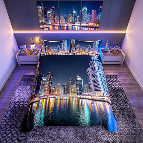 Loussiesd New York City Comforter Cover Single Size America Style Duvet Cover Set City View Bedding Set with 1 Pillowcases Soft Microfiber Zipper Decorative Night Landscape Bedspread Cover 2 Piece