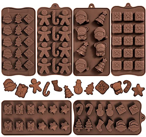 Whaline 6 x Weihnachts-Schokoladenform aus Silikon, für Süßigkeiten und Backen, Gelee, Süßigkeiten, Weihnachtsmann, Schneemann, Weihnachtsbaum, Geschenk, Lebkuchenstrümpfe, Bär, Stern, Zuckerstange