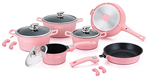 Royalty Line, Ensemble d'ustensiles de cuisine en aluminium moulé sous pression, 14 pièces, revêtement en marbre, couleur ROSE