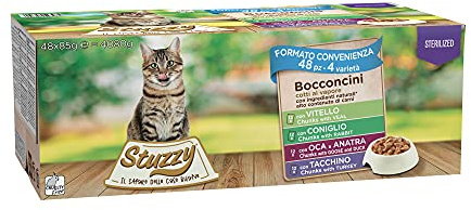 Stuzzy Cibo Umido per Gatti Sterilizzati, Vari Gusti, Bocconcini in Salsa - Totale 4,08Kg (48 Buste da 85G: 12 Tacchino, 12 Oca, 12 Vitello, 12 Coniglio)