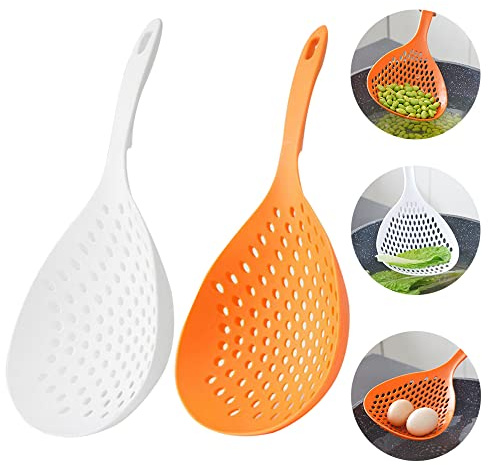 2 Stück Siebschaufel, Sieb, Schlitz, Nudellöffel, Kunststoff, Skimmerlöffel mit Griff, Lebensmittelablaufschaufel für Küche, Kochen, Weiß und Orange, 35 x 13,7 cm