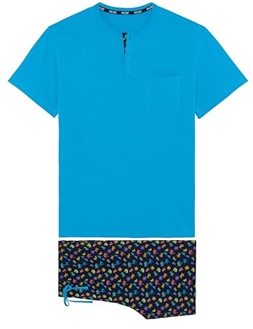 Hom Pijama Corto California Conjunto de Pijama Hombre, Parte Superior: Azul Liso Bajo: Estampado de Cactus, S