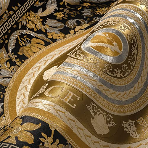 Livingwalls VERSACE WALLPAPER Blumen Tapete Floral 387055 Gold Schwarz Silber Designer Ranken Kreise 10,05x0,70m Made in Germany