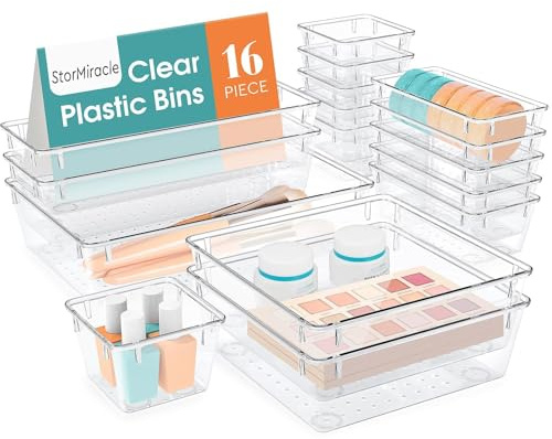 StorMiracle 16 PCS Drawer Organizer Set, 5 Varied Size Bathroom and kitchen Drawer cabinet organizer Trays, Clear Storage Bins for Makeup, Jewelry, Utensils and Gadgets