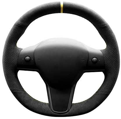 Alfanxi Hand Stitch Sewing Italy Alcantara Car Steering Wheel Cover Wrap for Tesla Model 3/Tesla Model Y (Black Alcantara with Dots+Yellow Stripe)