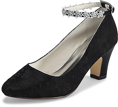 JIAJIA 62311A Damen Brautschuhe Closed Toe Chunky Heel Spitze Satin Pumps Satin Blume Hochzeitsschuhe Farbe Schwarz,Größe 39 EU (5.5 UK)