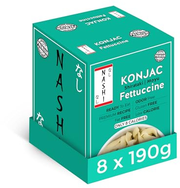 Nashi Shirataki Konjac Fettuccine Pasta 190g (Pack of 8) - Odor Free, Low Calorie (8 Cal), Fat Free, Suitable For Vegan, Gluten-Free, High Fibre, Glucomannan, Keto Friendly Instant Meal | Ready to Eat