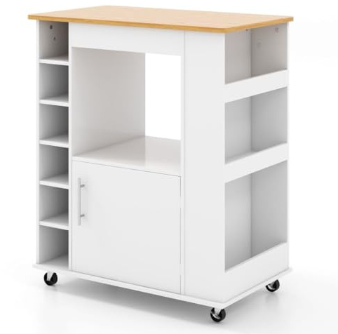 GiantexUK Kitchen Island Trolley on Wheels, Mobile Serving Cart with Bamboo Countertop, 6-Bottle Wine Rack, Spice Rack & Push Handle, Utility Storage Organizer for Dining Living Room (White+Natural)