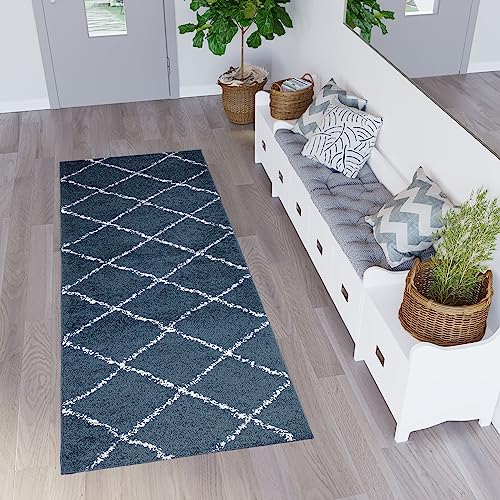 TAPISO Delhi Teppichläufer Hochflor Shaggy Dunkelblau Creme Karo Boho Design Flauschig Langflor Wohnzimmer Schlafzimmer Flur ÖKO-TEX 70 x 200 cm