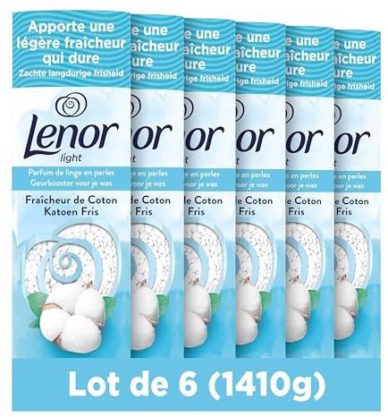 Lenor Light Parfum De Linge En Perles, Environ 100 lavages (235g x6), Parfum Fraîcheur De Coton, Jusqu’à 12 Semaines De Fraîcheur Continue, Même Dans L’Armoire, Intensité Personnalisable