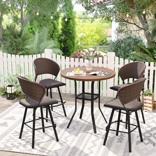 VICLLAX Patio 5 Pieces Outdoor Bar Set, 37 Round Bar Height Table with Umbrella Hole and 4 Swivel Rattan Chairs for Lawn, Garden, Poolside, Walnut/Brown