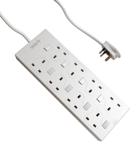 rhinocables 8 Gang Individually Switched Mains Extension Lead Cable, Surge Protected Power Strip Extender with 8 Sockets and Cord, 13 Amp Trailing Socket for Dual 3 Pin UK Plug (White, 5m)